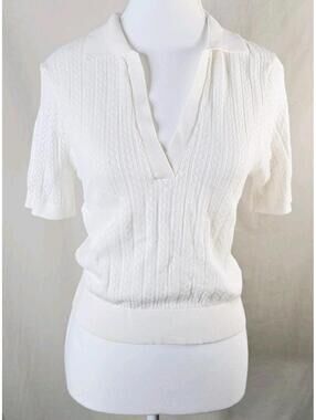 Simons Icone Pointelle Knit Johnny Collar Short Sleeve Sweater Top New With Tag